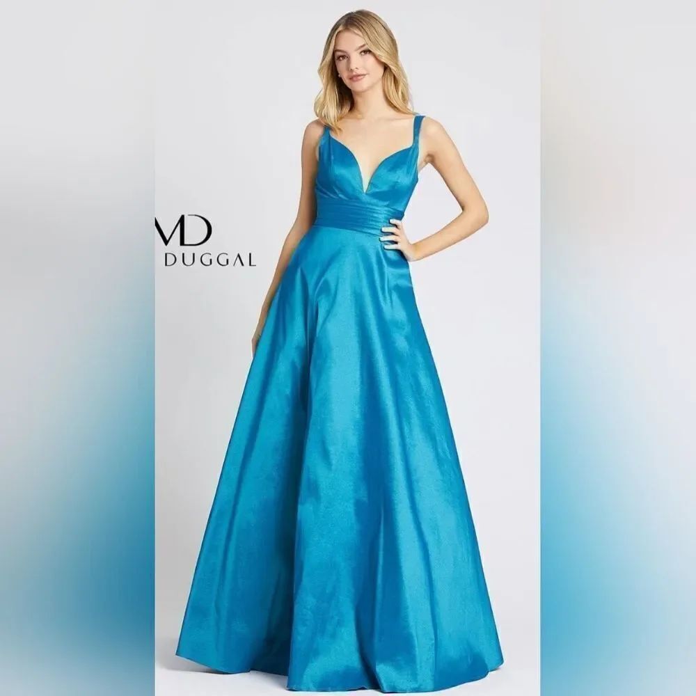 Mac Duggal 65514 Sleeveless deep V-neck, satin ball gown NWOT sz 4 peacock blue
